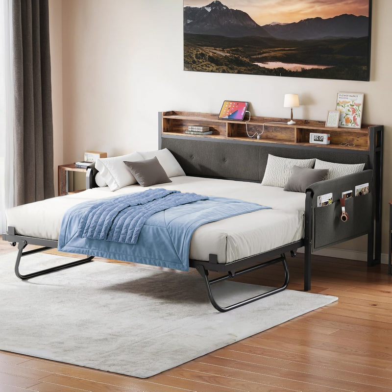 Daybed Sofa Day Bed with Trundle, Twin Bed Frame with Upholstered Headboard, Strong Supports and Charging Station