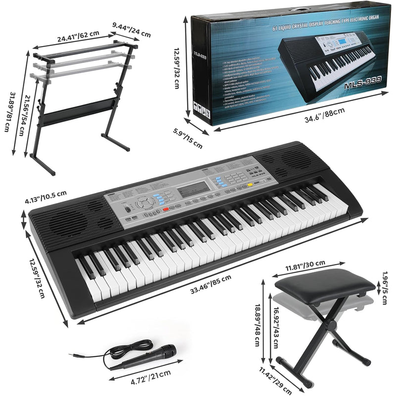 Electric Keyboard Piano 61 Key for Kids with Stand, Stool, Microphone, Built-in Speakers and LCD Screen