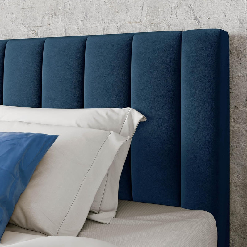 Twin Velvet Upholstered Platform Bed Frame with Vertical Channel Tufted Headboard, Strong Wood Slat Support, No Box Spring Needed