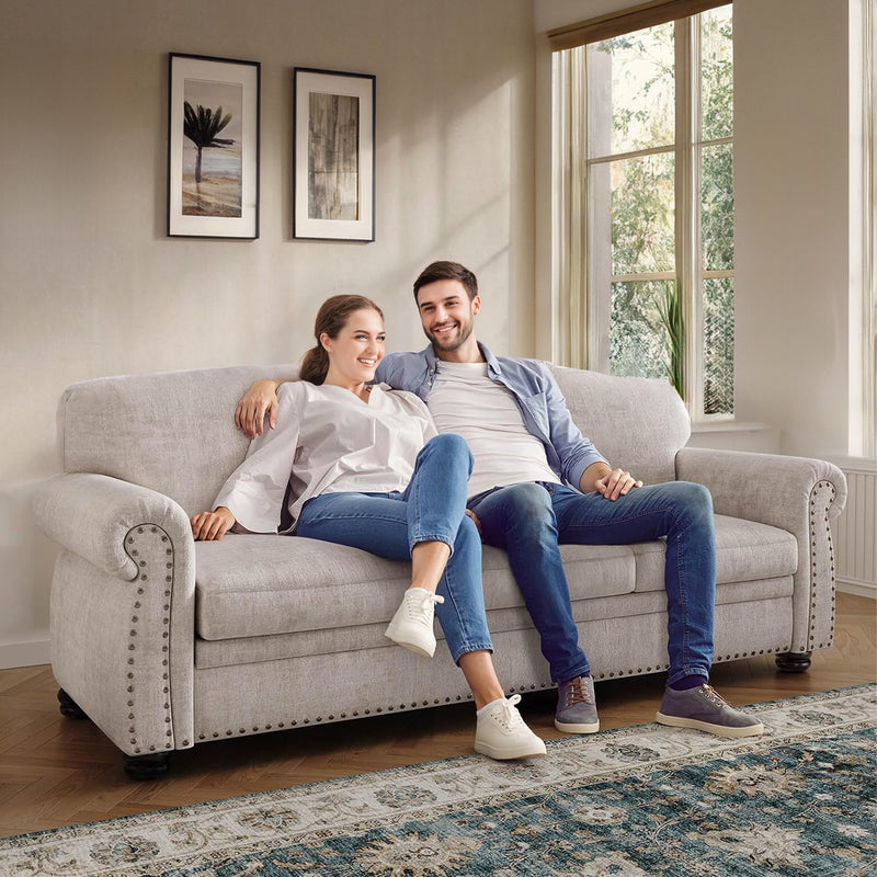 90 Inch 3 Seater Sofa Nailhead Trim Farmhouse Couches with Rolled Arm, 23" Deep Seat