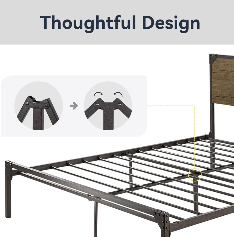Platform Metal Bed Frame with Wood Headboard, Heavy Duty Bed Frame Noise Free, Rustic Brown