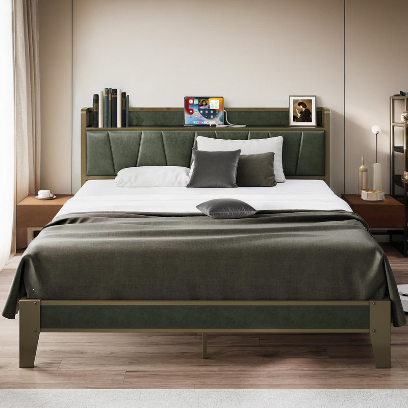 Upholstered Bed Frame Bed Frame, Storage Headboard with Charging Station, No Box Spring Needed