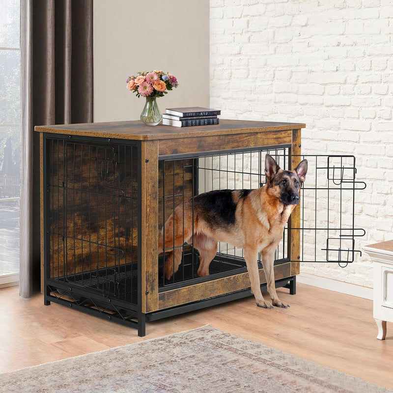 Dog Crate Furniture 38.6-inch Side End Table, Dog Cage with Pull-Out Removable Tray