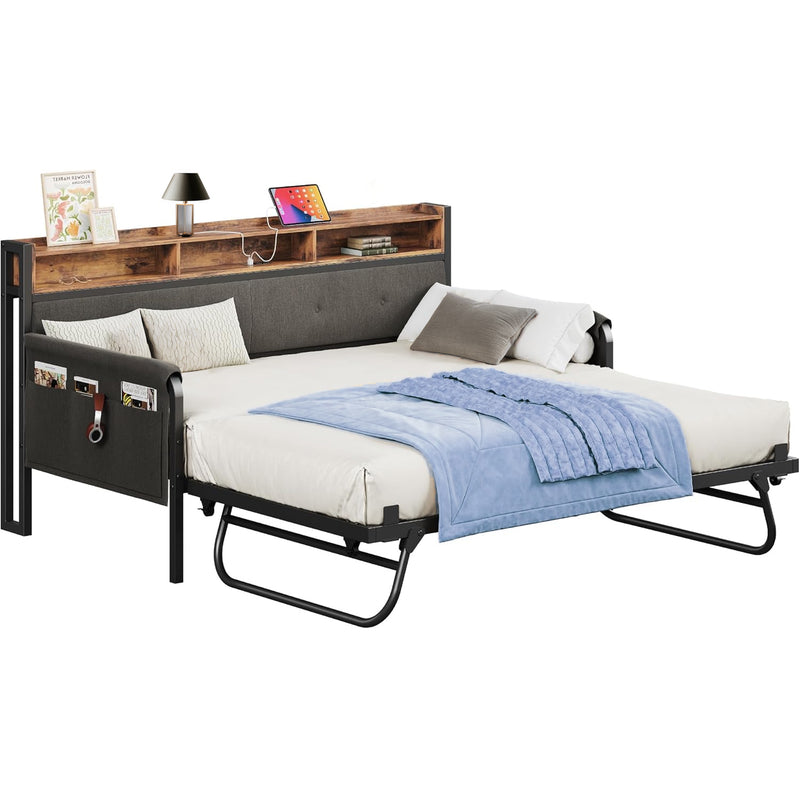 Daybed Sofa Day Bed with Trundle, Twin Bed Frame with Upholstered Headboard, Strong Supports and Charging Station