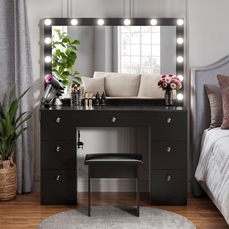 44 inch Makeup Vanity Desk with Lighted Mirror, Power Outlet, 7 Drawers, 3 Brightness