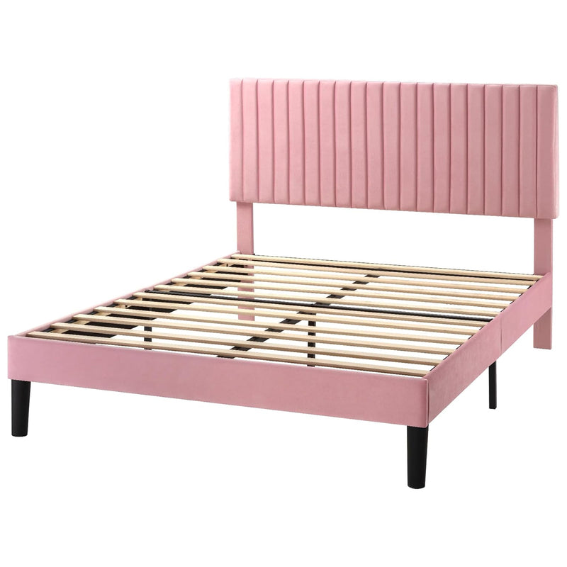 Velvet Upholstered Platform Bed Frame with Vertical Line Tufted Wingback Headboard, Strong Wooden Slats, and No Box Spring Needed