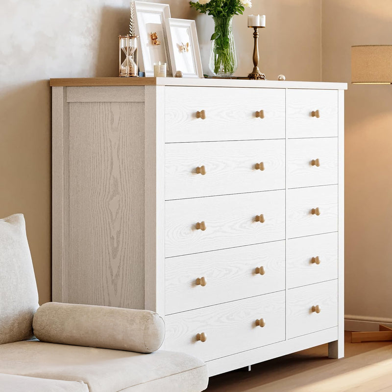 10 Drawer Dresser, Modern White Dressers and Chests of Drawers, 10 Drawer Large Dressers with Solid Wood Knobs, Storage Organizer, TV stand
