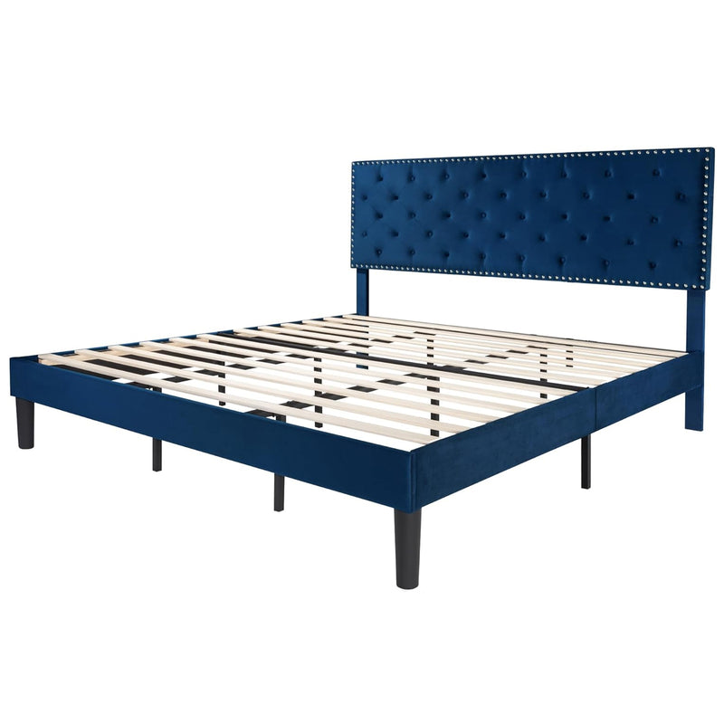 Velvet Upholstered Bed Frame with Adjustable Button Tufted Headboard, Slats Support, No Box Spring Needed