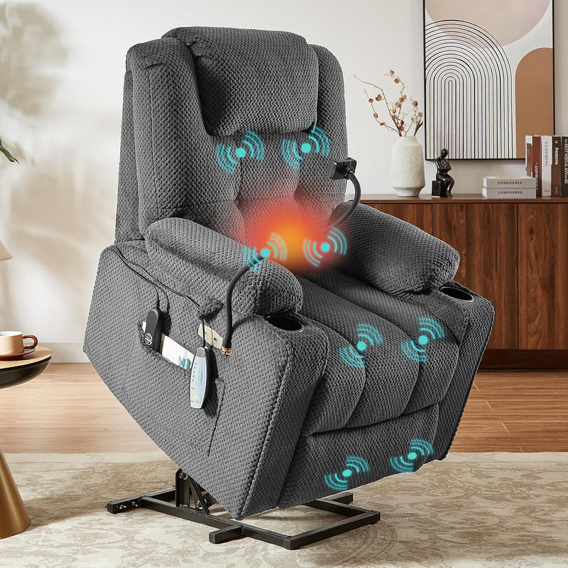 Power Recliner Chair with Massage and Heat Function, Velvet Fabric Electric Recliner with Extended Footrest, USB Port, Cup Holders