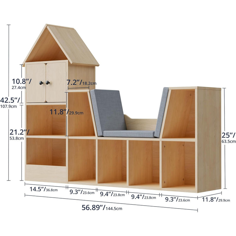 Wooden Kids Bookshelf Bookcase with Detachable Cushions, Reading Nook for Ages 3+