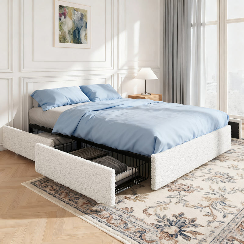 Soft Teddy Boucle Upholstered Platform Bed Frame with 4 Storage Drawers, Noise-Free, No Box Spring Needed, Easy Assembly