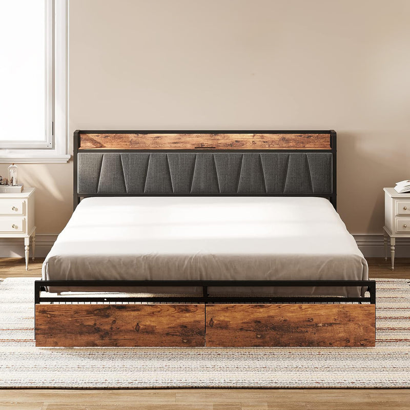 Platform Bed Frame with Storage Headboard, Charging Station and Drawers