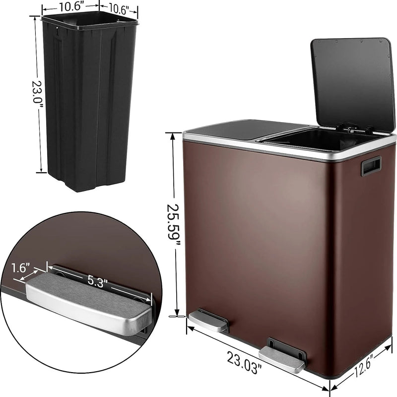 Dual Trash Can 16 Gal (60L) Stainless Steel Large Kitchen Rubbish Bin  with Removable Inner Buckets