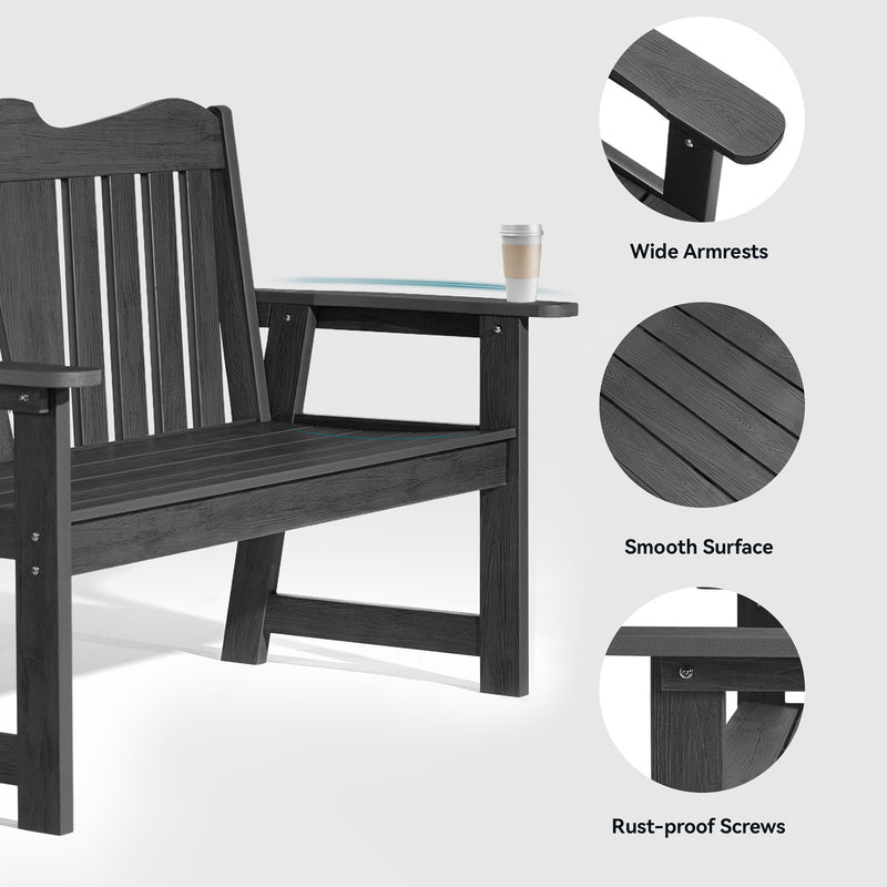 Outdoor Bench Weatherproof Patio Garden Bench with Wide Armrests and Backrest