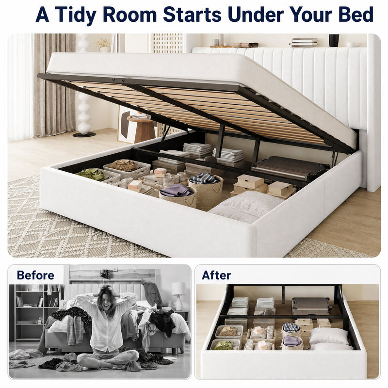 Lift Up Storage Bed Frame with Charging Station & LED Lights, Upholste ...