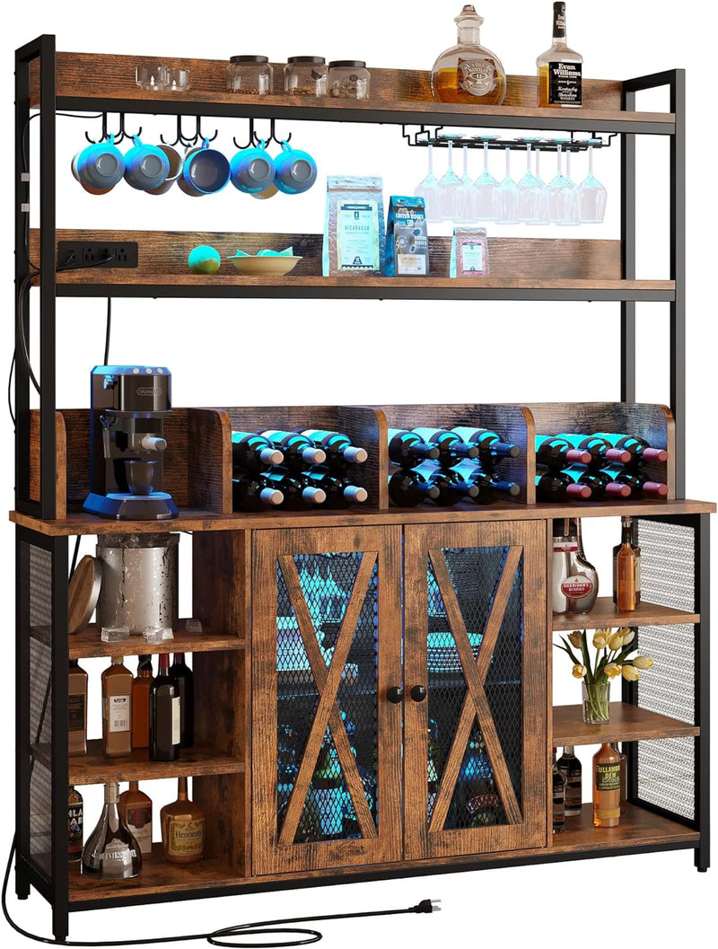 Coffee Bar Cabinet LED Industrial Buffet Cabinet 3-Tiers with Power Outlet, Glass Holder