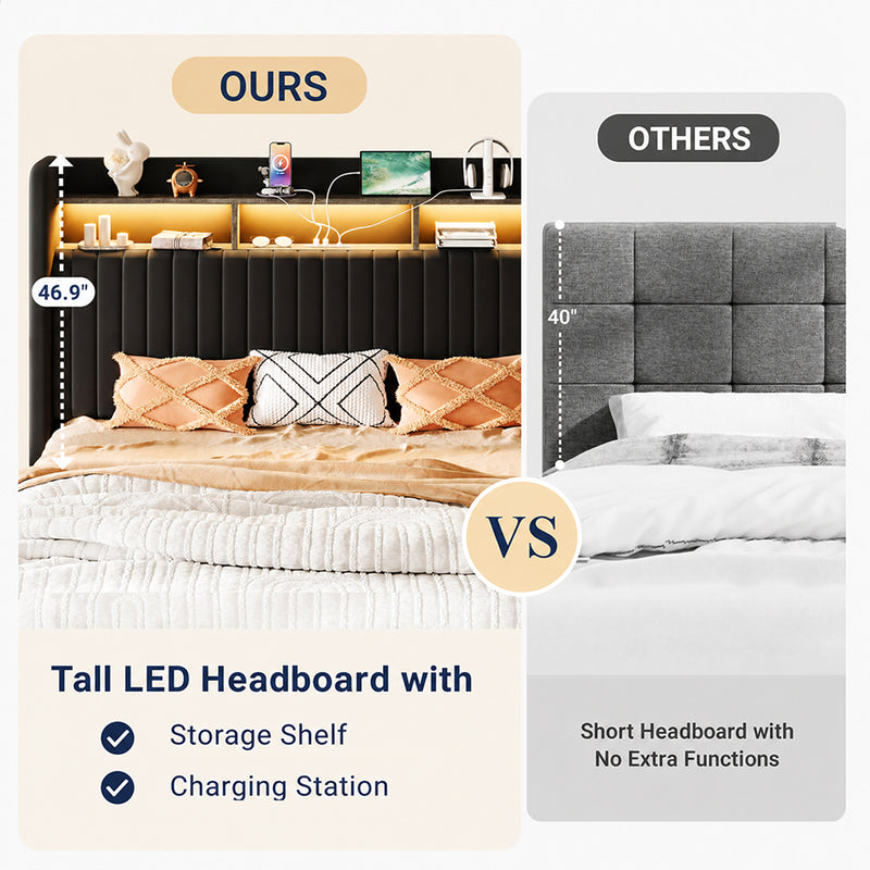 Lift Up Storage Bed Frame with Charging Station & LED Lights, Upholste ...