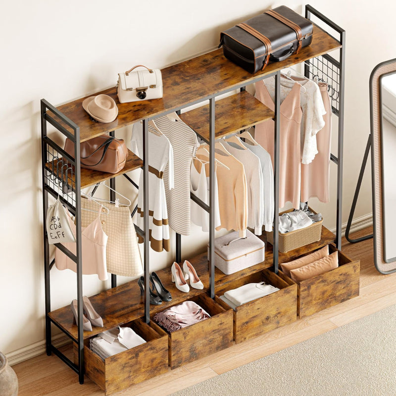 Freestanding Garment Rack with 4 Wooden Drawers, Hanging Rods and Storage Shelves, Heavy Duty Closet Wardrobe Rack, Industrial Vintage Brown