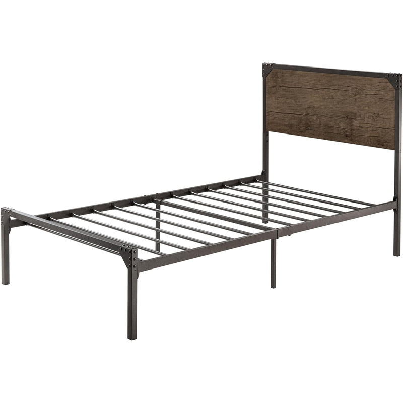 Twin Size Metal Platform Bed Frame with Wood Headboard, Rivet Decoration
