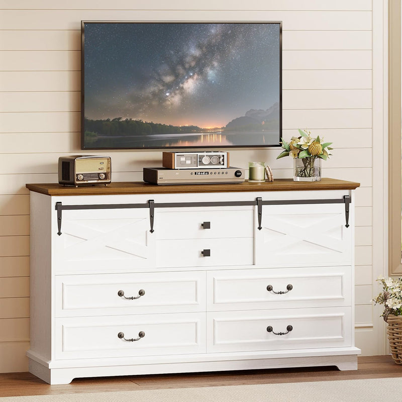 Farmhouse 6 Drawers Dresser, 55.1" Large Drawers, Wooden Chest of Drawers with Sliding Barn Door
