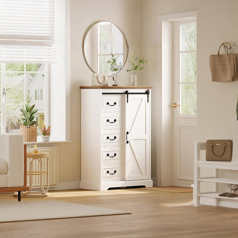 5 Drawer Dresser for Bedroom, 48" Tall Dresser Chest of Drawers, Dresser Storage Cabinet with Sliding Barn Doors