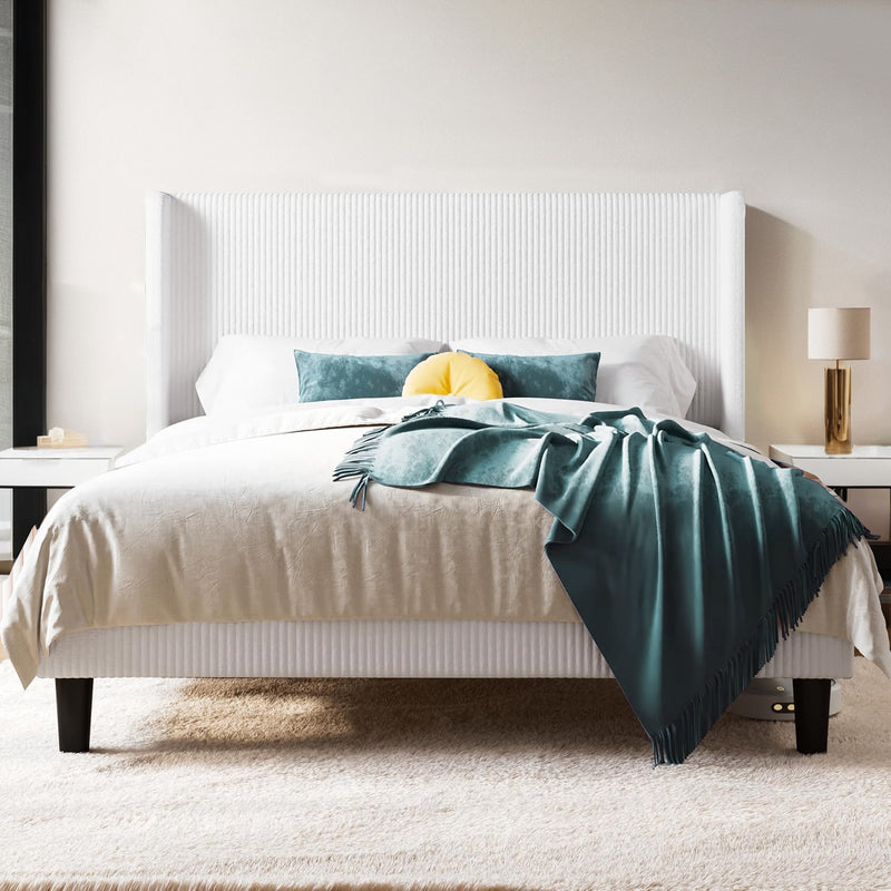 Upholstered Bed Frame in Corduroy Velvet with Wingback Headboard, No Box Spring Needed