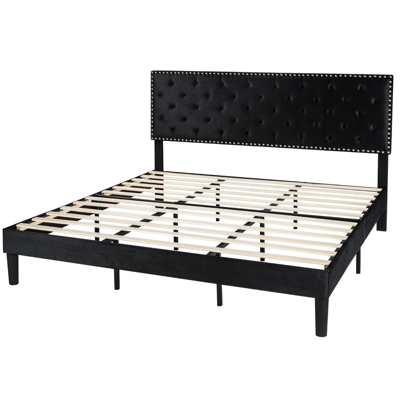 Velvet Upholstered Bed Frame with Adjustable Button Tufted Headboard, Slats Support, No Box Spring Needed