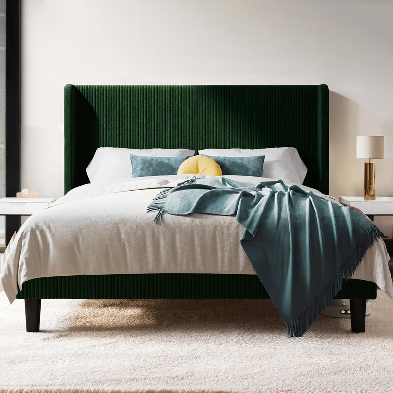 Upholstered Bed Frame in Corduroy Velvet with Wingback Headboard, No Box Spring Needed