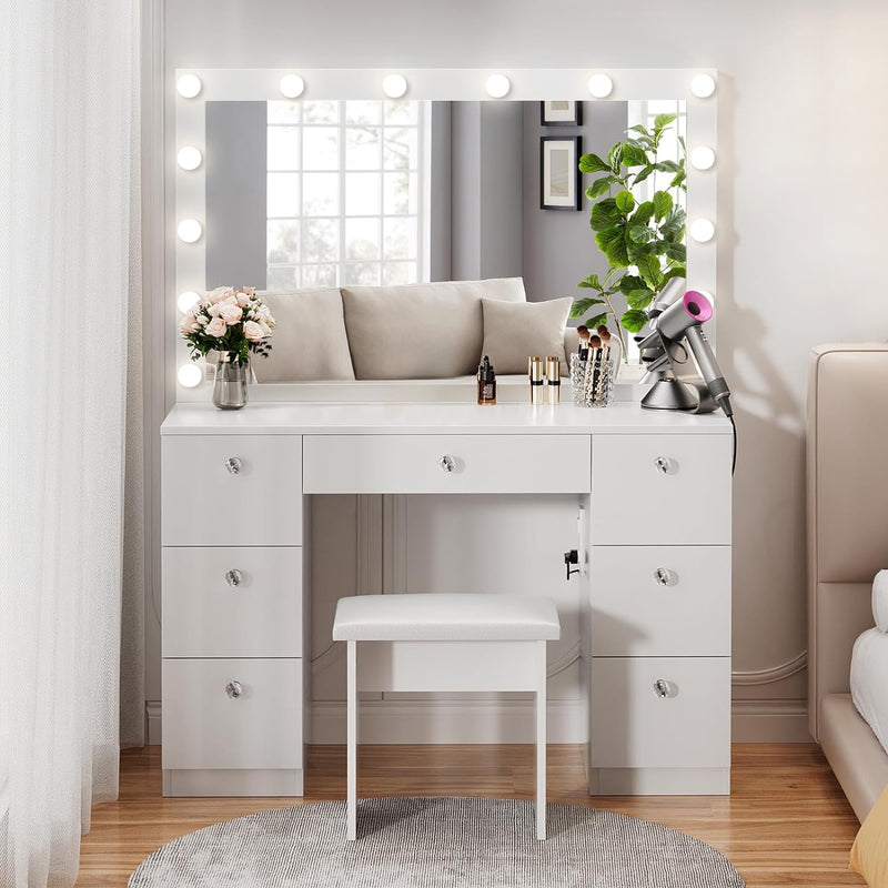 44 inch Makeup Vanity Desk with Lighted Mirror, Power Outlet, 7 Drawers, 3 Brightness