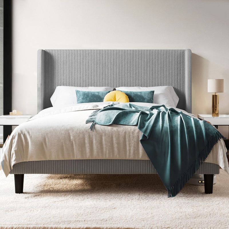 Upholstered Bed Frame in Corduroy Velvet with Wingback Headboard, No Box Spring Needed