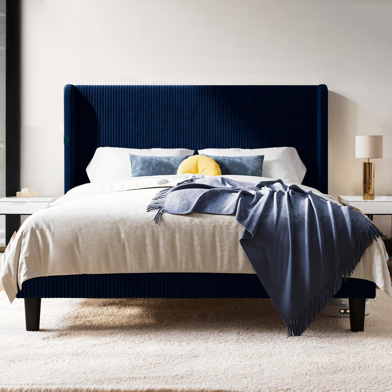 Upholstered Bed Frame in Corduroy Velvet with Wingback Headboard, No Box Spring Needed