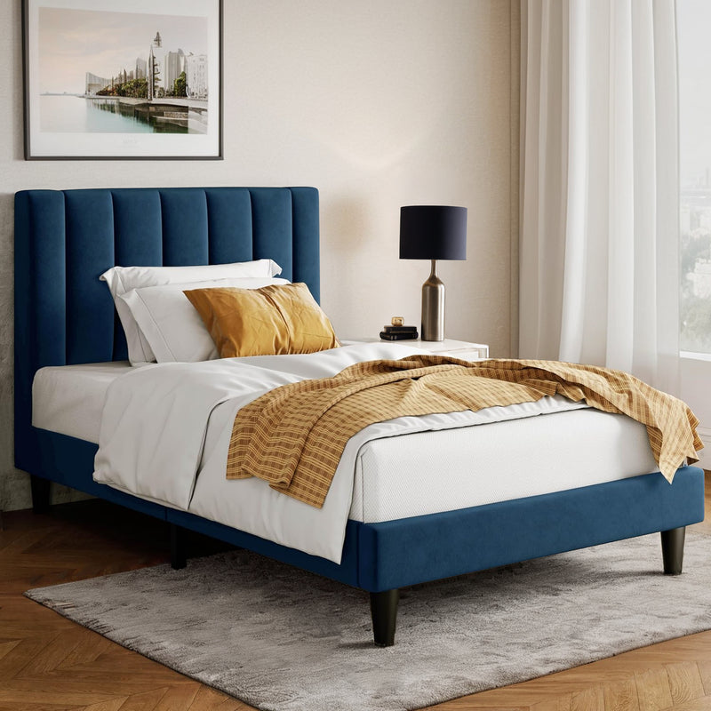 Twin Velvet Upholstered Platform Bed Frame with Vertical Channel Tufted Headboard, Strong Wood Slat Support, No Box Spring Needed