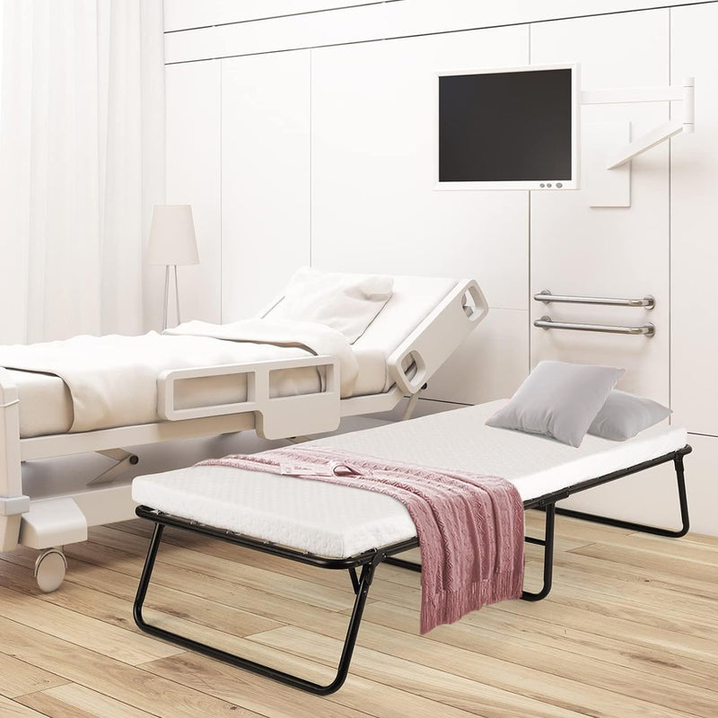Adult Folding Bed Portable Bed with Wheels, Metal Bed Frame with Memory Foam Mattress, No Assembly Needed
