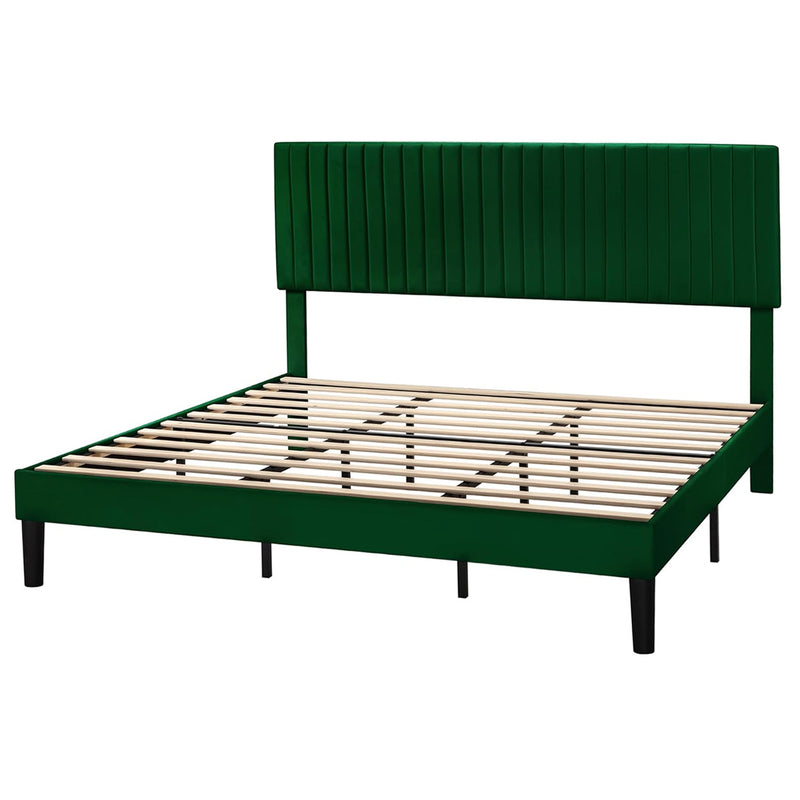 Velvet Upholstered Platform Bed Frame with Vertical Line Tufted Wingback Headboard, Strong Wooden Slats, and No Box Spring Needed