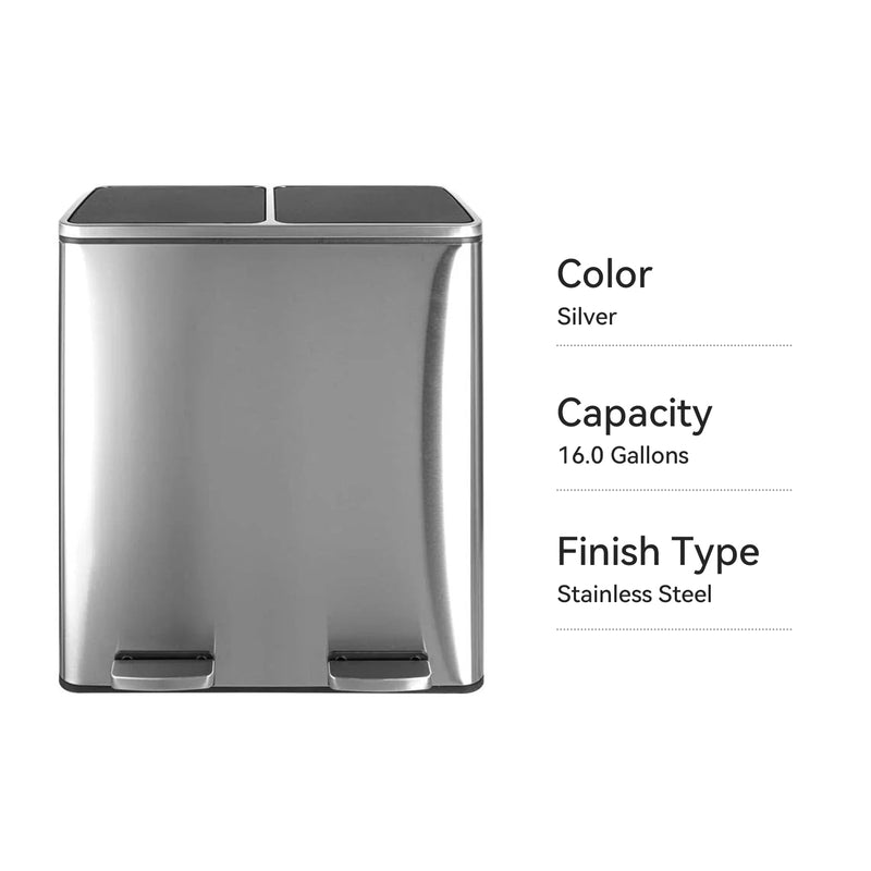 Dual Trash Can 16 Gal (60L) Stainless Steel Large Kitchen Rubbish Bin  with Removable Inner Buckets