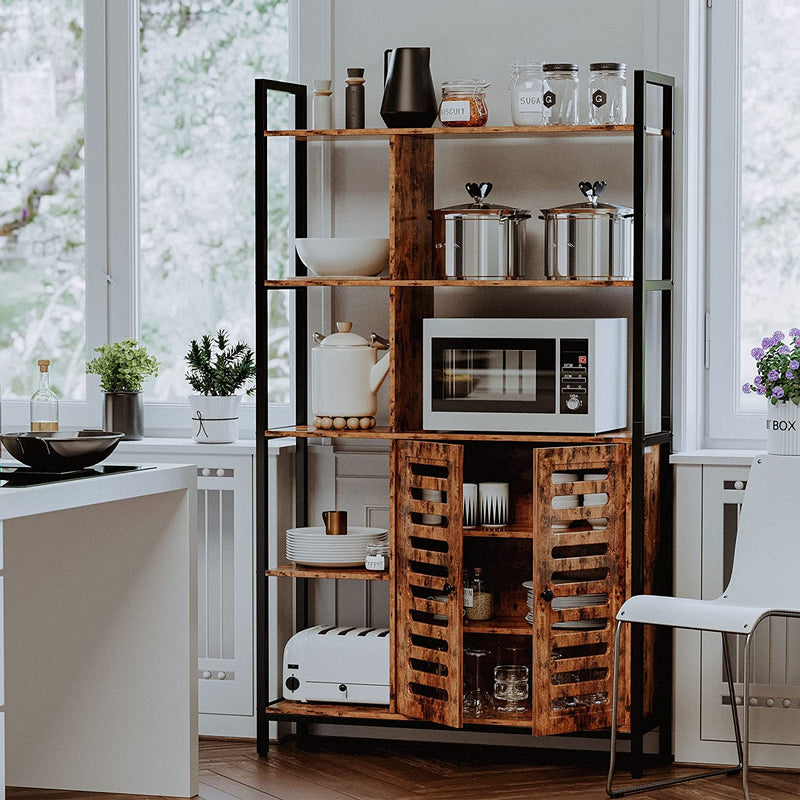 Industrial 5 Tier Bookshelf with Doors Wooden Display Shelf Bookcases and Bookshelves, Vintage Brown