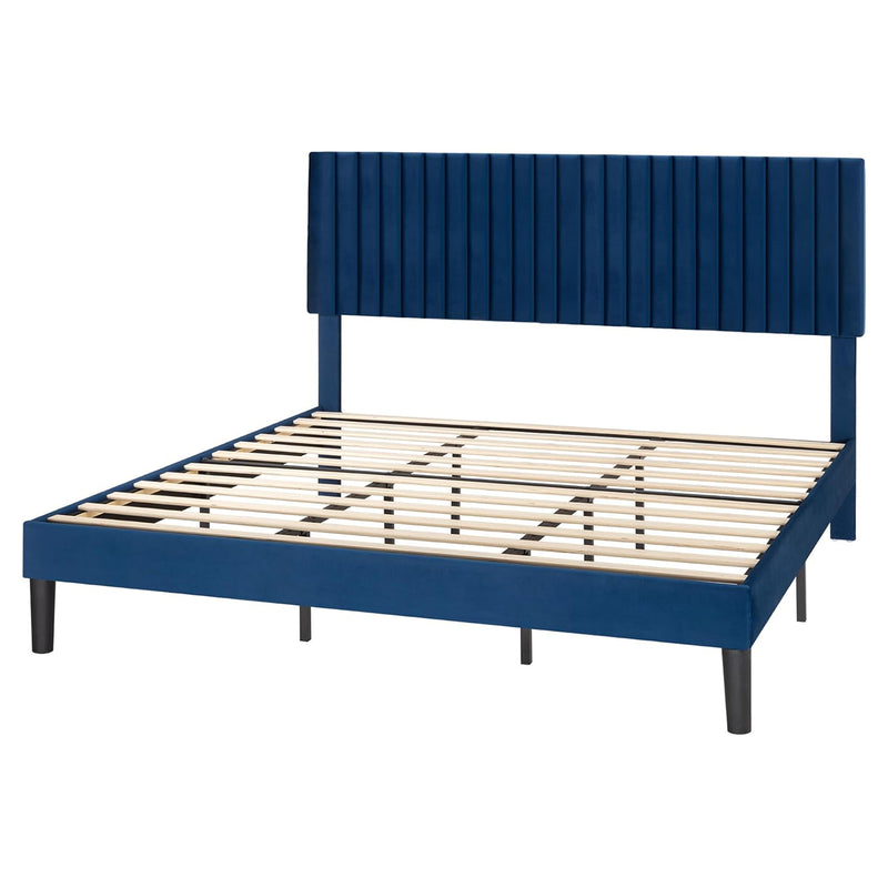 Velvet Upholstered Platform Bed Frame with Vertical Line Tufted Wingback Headboard, Strong Wooden Slats, and No Box Spring Needed