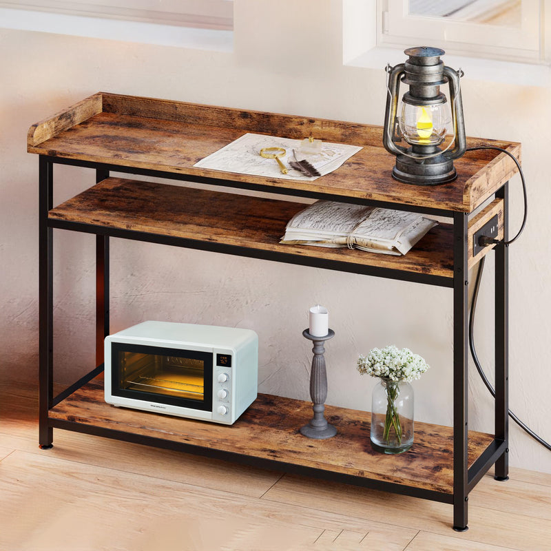 43"  Height Adjustable Console Table with Power Outlet for Entryway, Living Room, Rustic Brown