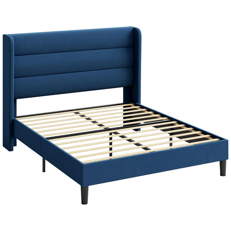 Velvet Platform Bed Frame with Vertical Tufted Wingback Headboard Under Bed Storage, No Box Spring Required