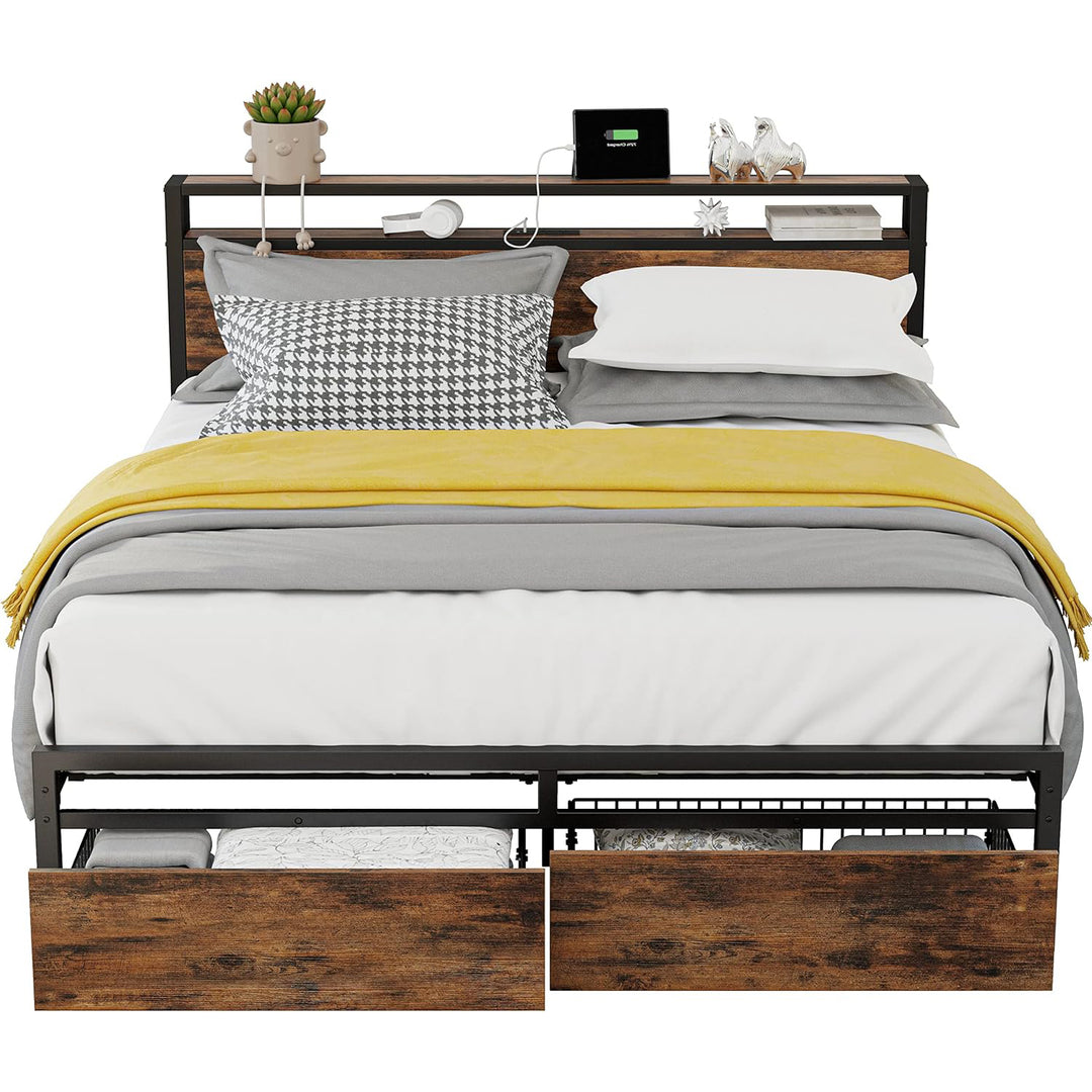 Bed Frame with Storage Headboard Platform Bed with Drawers and