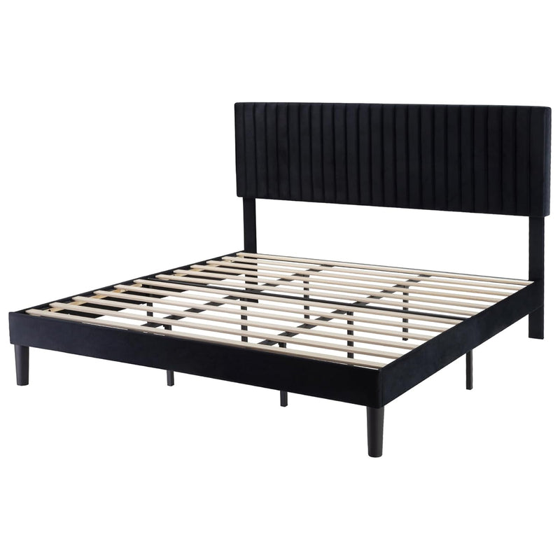 Velvet Upholstered Platform Bed Frame with Vertical Line Tufted Wingback Headboard, Strong Wooden Slats, and No Box Spring Needed