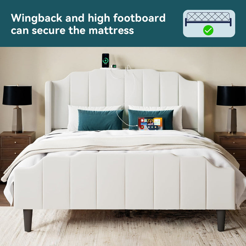 Velvet Bed Frame with Curved Vertical Tufted Wingback Headboard and Footboard, Charging Station Under Bed Storage