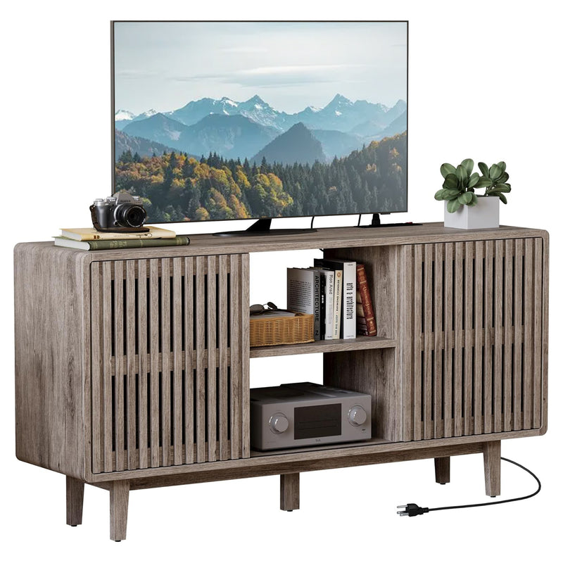 30“Tall TV Stand for 55/60/65 inch TV, Tall Entertainment Center with Power Outlets, Rustic Media Console with Shelves and Grille Sliding Doors