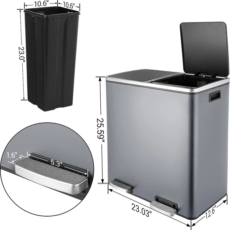 Dual Trash Can 16 Gal (60L) Stainless Steel Large Kitchen Rubbish Bin  with Removable Inner Buckets