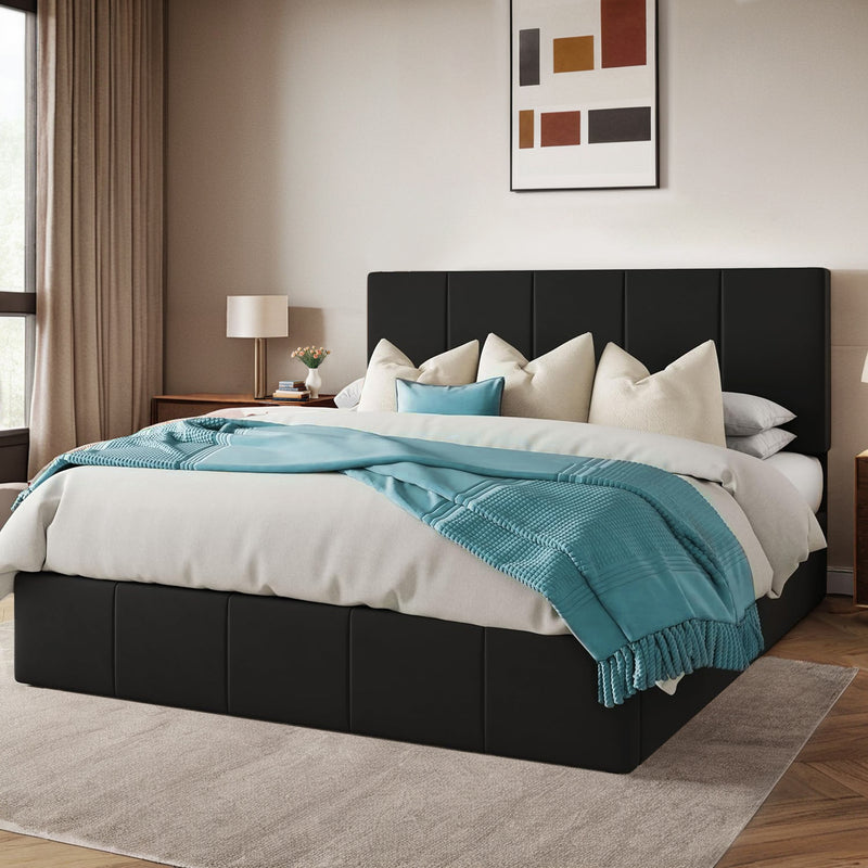 Upholstered Platform Bed Velvet Lift Up Storage Bed Frame with Vertical Channel Tufted Headboard, Hydrualic Underneath Storage, Wooden Slats Support