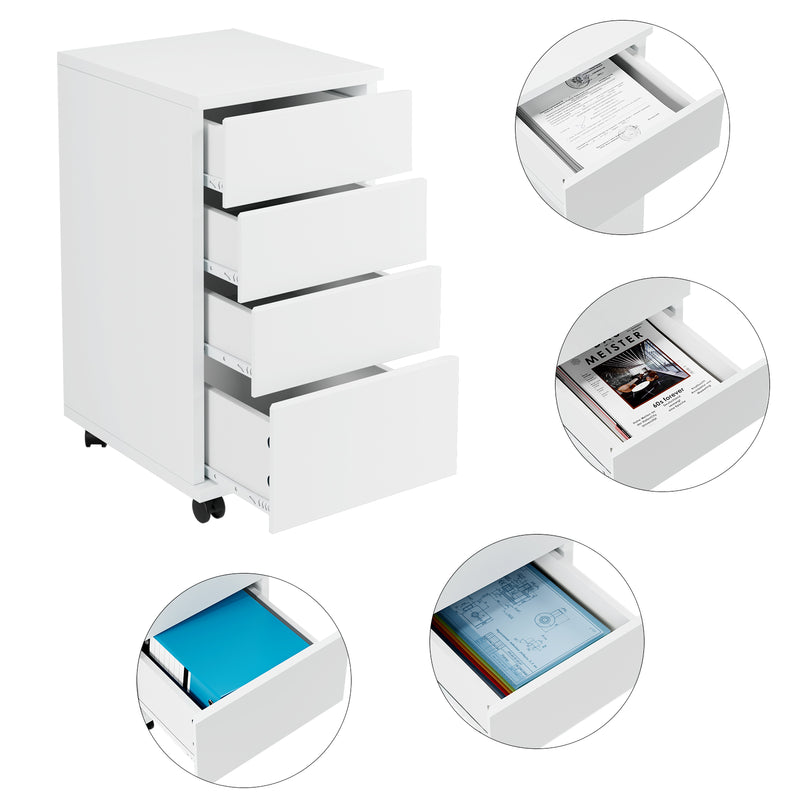 File Cabinet 4 Drawers Mobile Filing Cabinet, Rolling Pedestal Under Desk for Home Office White