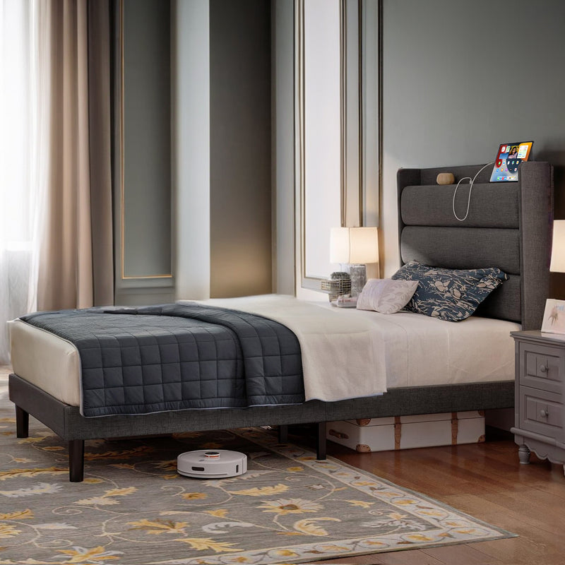 Twin Size Bed Frame With Storage Headboard and Outlets, Gray