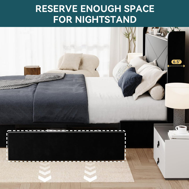 Upholstered Bed Frame with 3 Drawers Storage and and Headboard with USB Ports, No Box Spring Needed