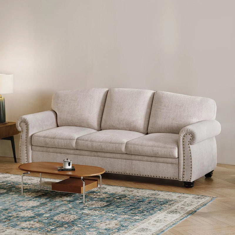 90 Inch 3 Seater Sofa Nailhead Trim Farmhouse Couches with Rolled Arm, 23" Deep Seat