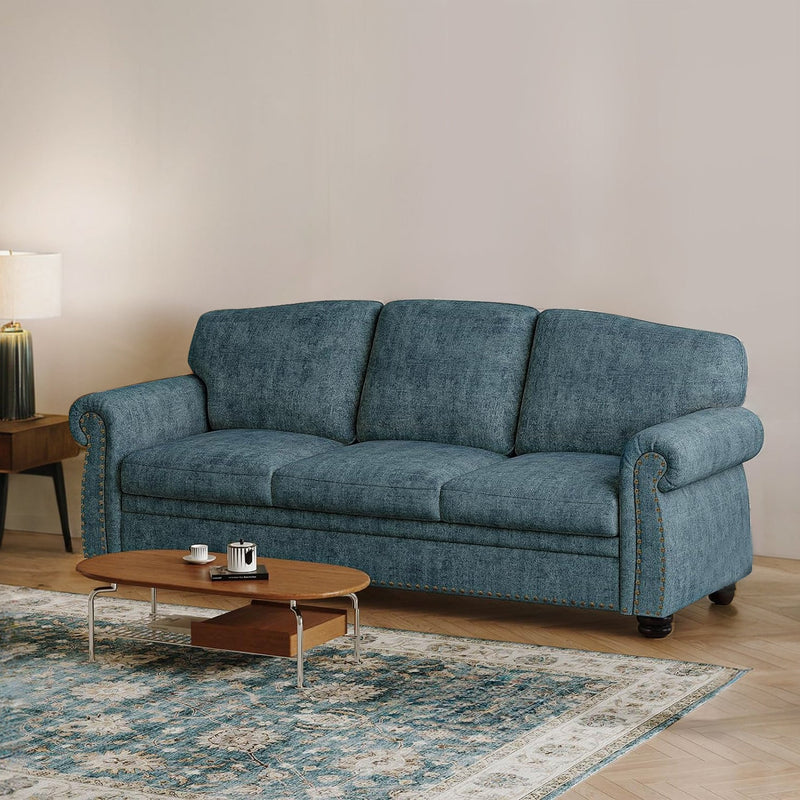 90 Inch 3 Seater Sofa Nailhead Trim Farmhouse Couches with Rolled Arm, 23" Deep Seat